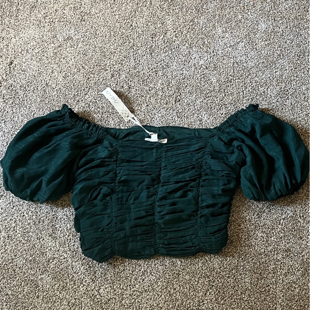 She + Sky Dark Green Ruched Off-Shoulder Top